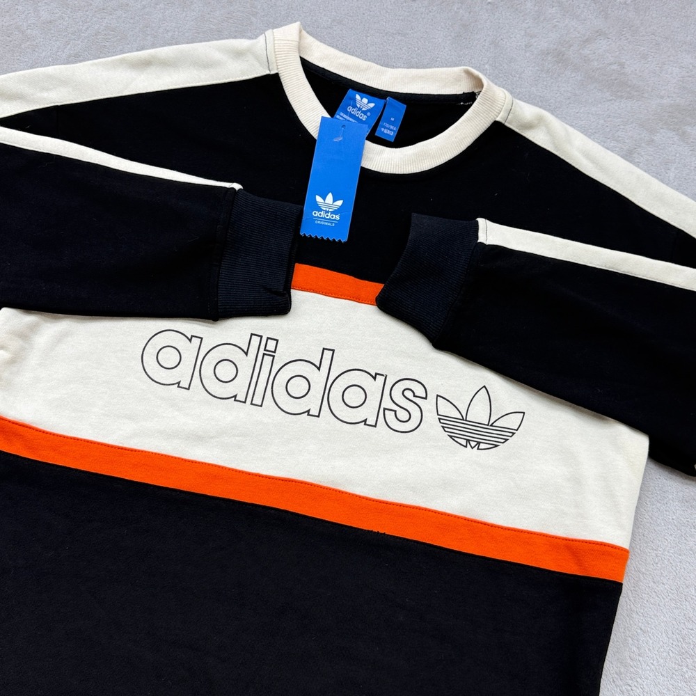 Adidas Sweatshirt Mens M Black Colorblock Trefoil Logo Pullover Streetwear NEW